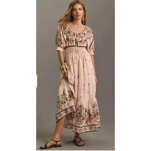 Anthropologie The Somerset Puff-Sleeve Maxi Dress Lg Peasant Boho Cottagecore